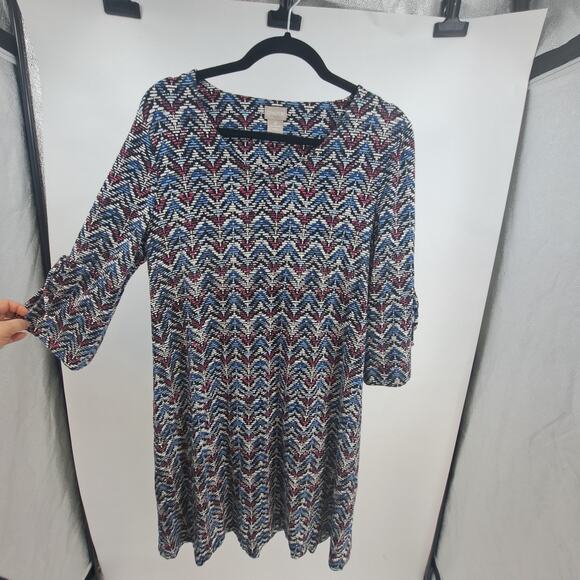 Chico's Dress‎ M Petite 1P MP Printed 3/4 Sleeve Detail Trapeze V-Neck Blue Pink - Picture 5 of 9